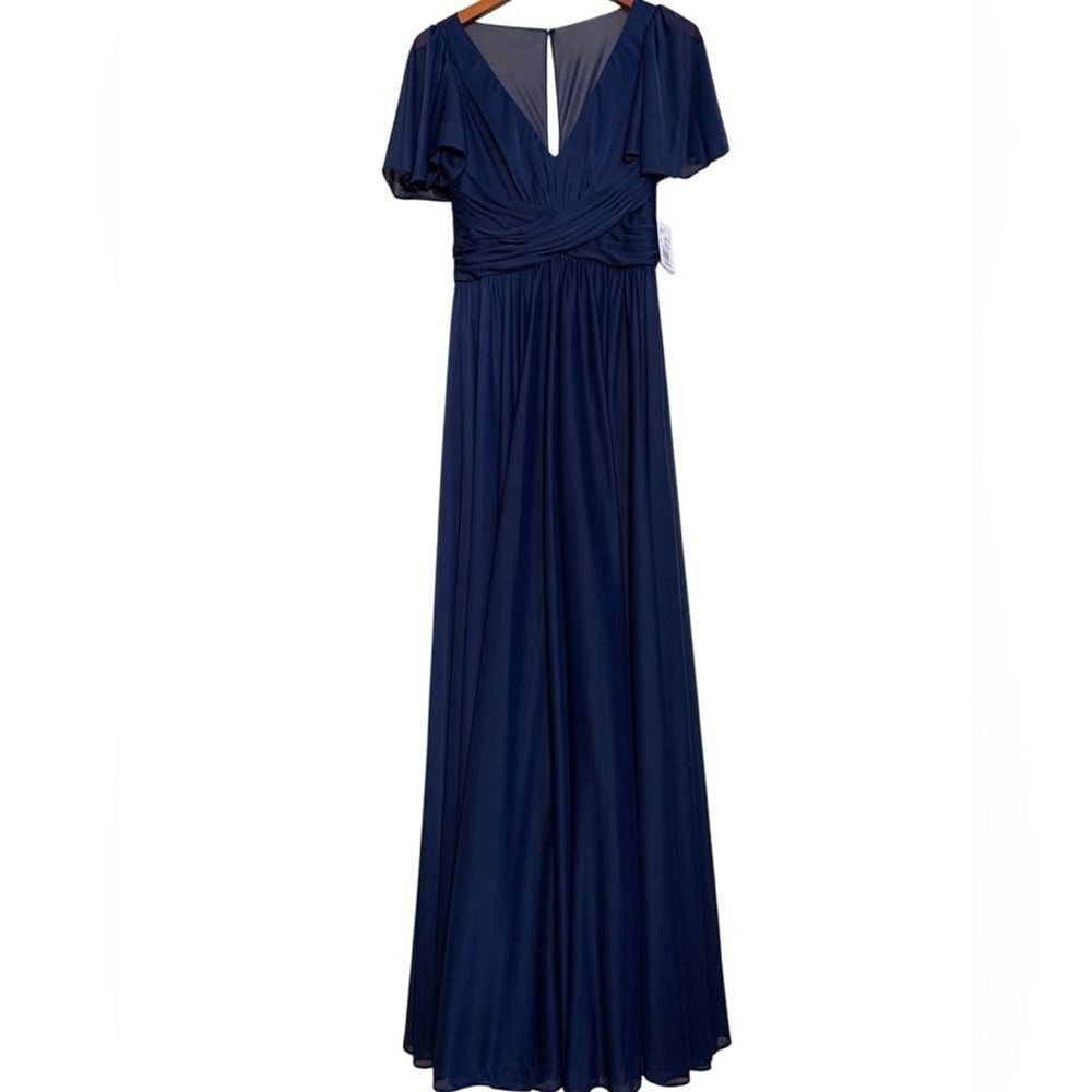 David's Bridal Mesh Maxi Dress Gown Marine Blue Flutter Sleeve Women's Size 2